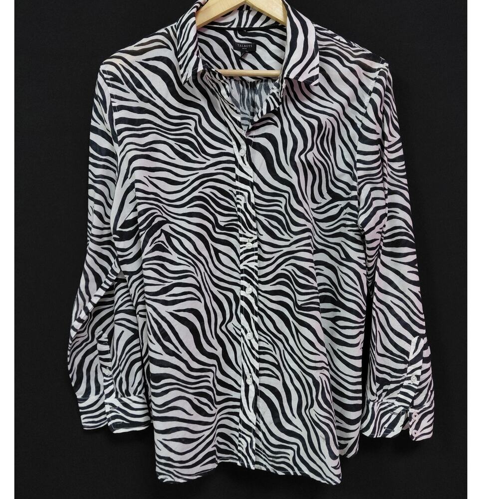 TALBOTS PETITE Zebra Print Cotton Blouse Long Sleeve Collared Size XLP